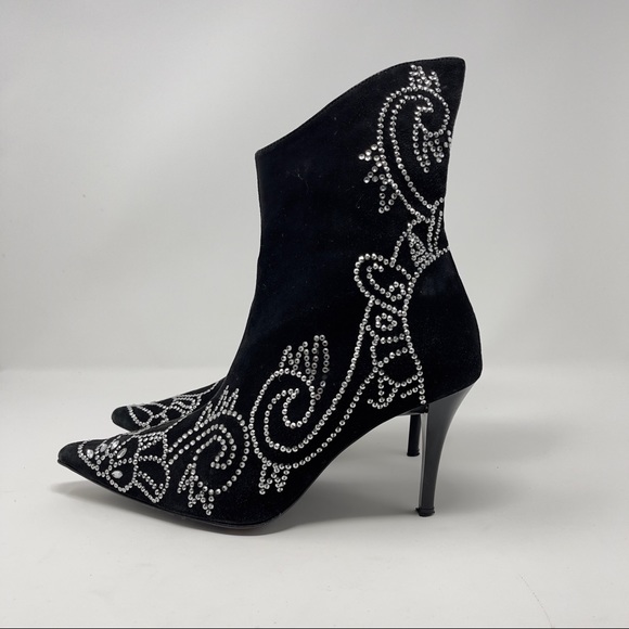 Beverly Feldman Black Suede Rhinestone Studded Pointed Toe Stiletto Heel Boot 8 - Picture 3 of 12